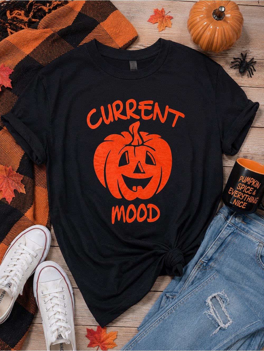 Women’s Black Tee with Orange Pumpkin "Current Mood" Graphic